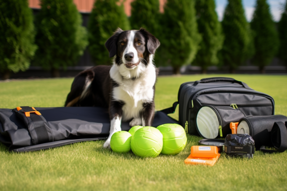 Un chien obéissant à côté d'un kit de dressage complet.
