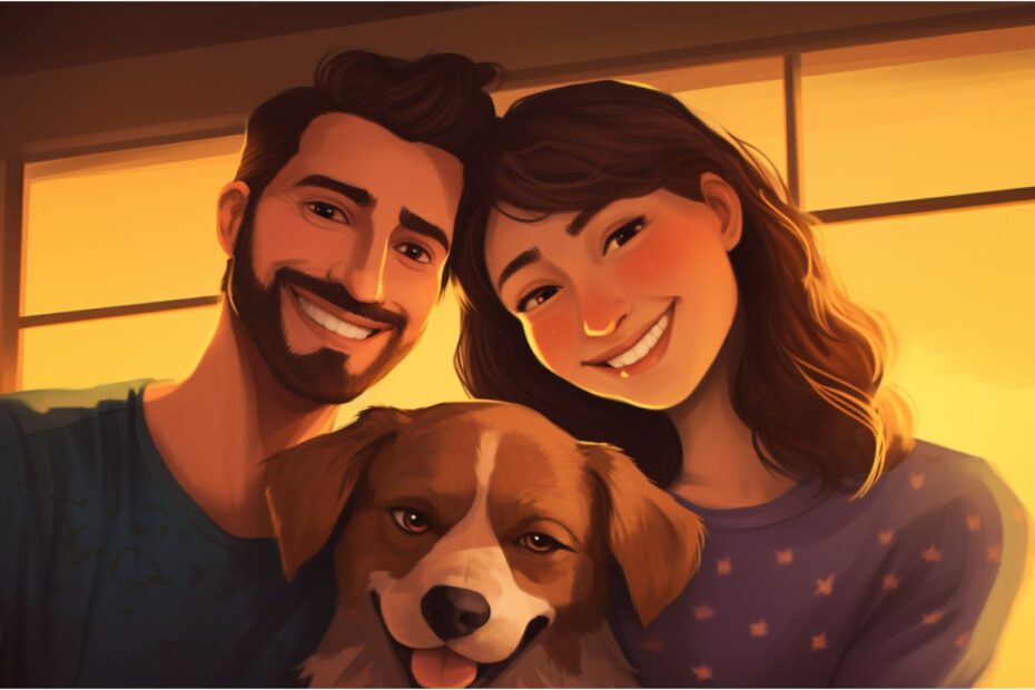 une famille heureuse avec leur nouvel animal de compagnie.