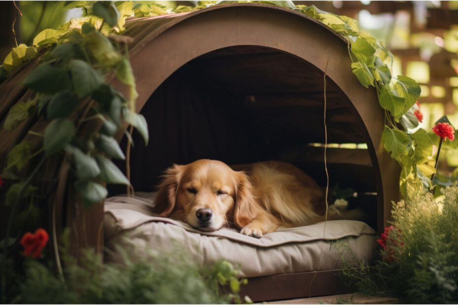 une niche confortable dans le jardin, avec un chien s'y reposant paisiblement sur un matelas ou un coussin adapté à l'extérieur.