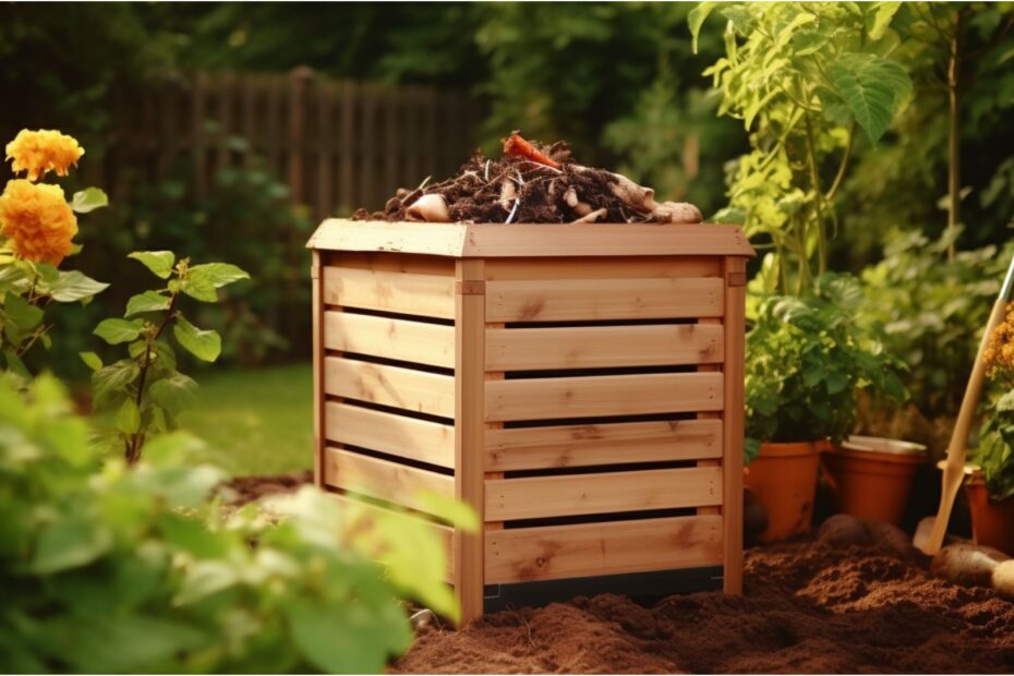 Composteur en bois rempli de matières brunes et de déchets du jardin et de la cuisine