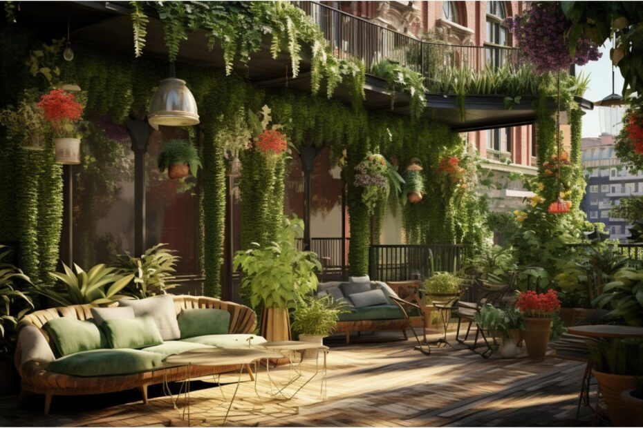 Image illustrant un espace urbain transformé en un havre de verdure grâce aux plantes suspendues.