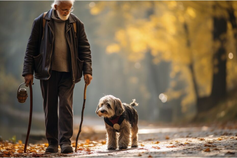 Un chien en train de se promener avec une personne âgée